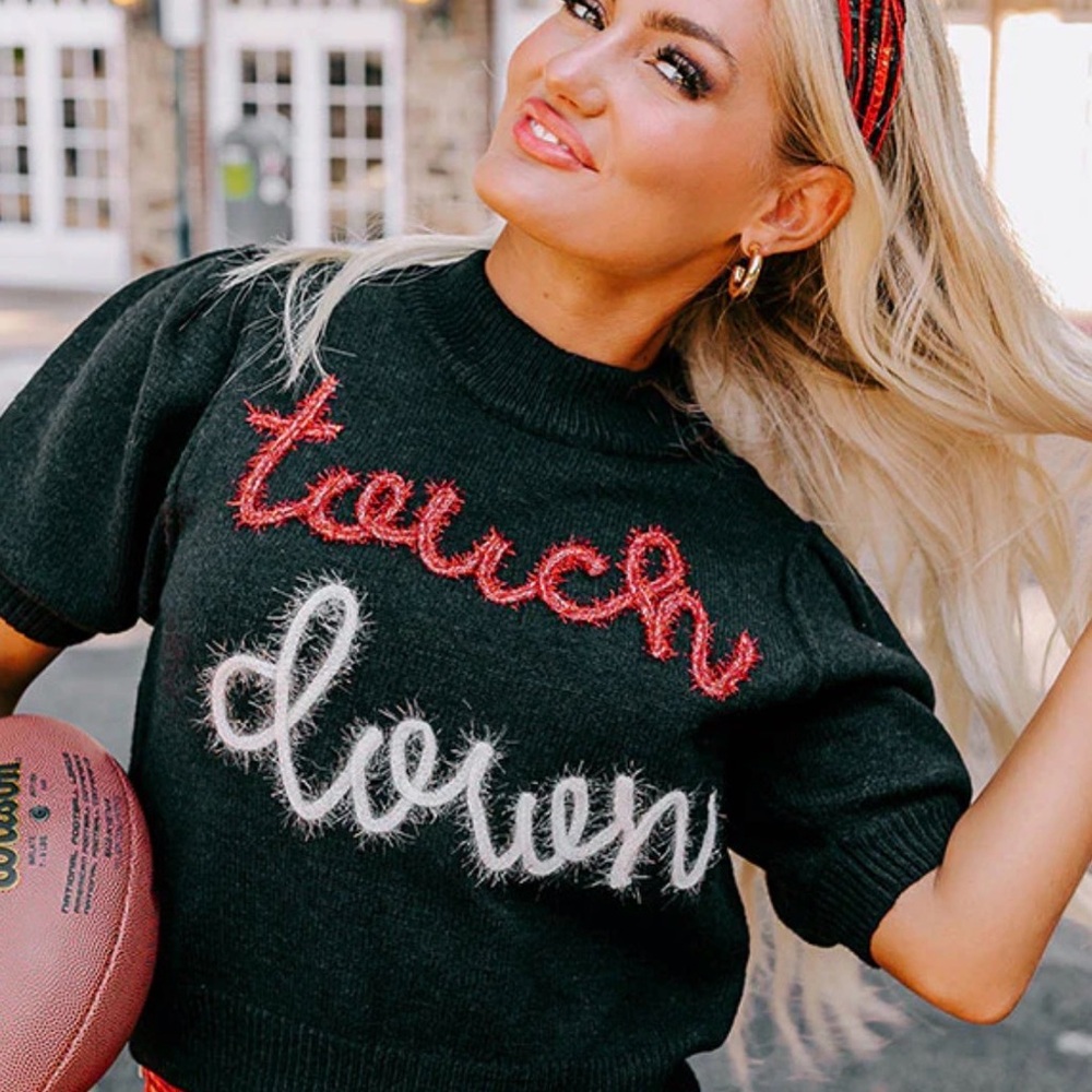 Peach Love Black Touchdown Sweater with Red and White Text